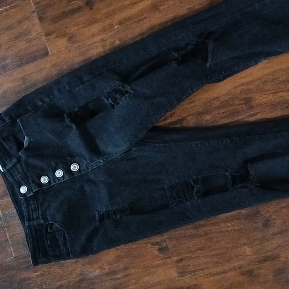 Trendy Stretch Skinny High Waisted Black Distressed Jeans Juniors Size 3 - Picture 3 of 6